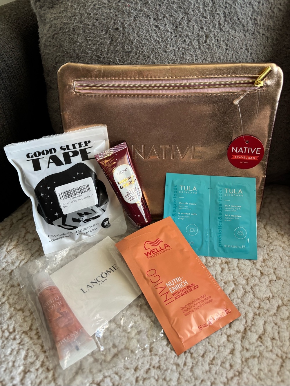 Native makeup bag with assorted beauty samples